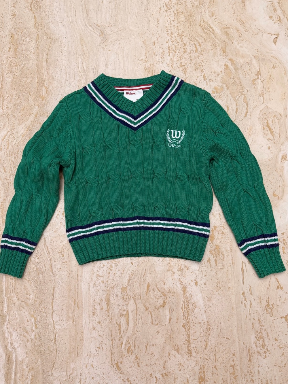 Wilson Emerald Green V-Neck Cable Knit Sweater with Stripe Trim